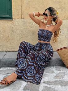 Frenchy Conjunto de 2 piezas con top bandeau estampado y pantalón ancho casual para mujer - Marrón - Ver 3