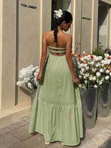 Vestido halter largo de color azul cielo estilo bohemio, para primavera/verano - Verde lima - Ver 6