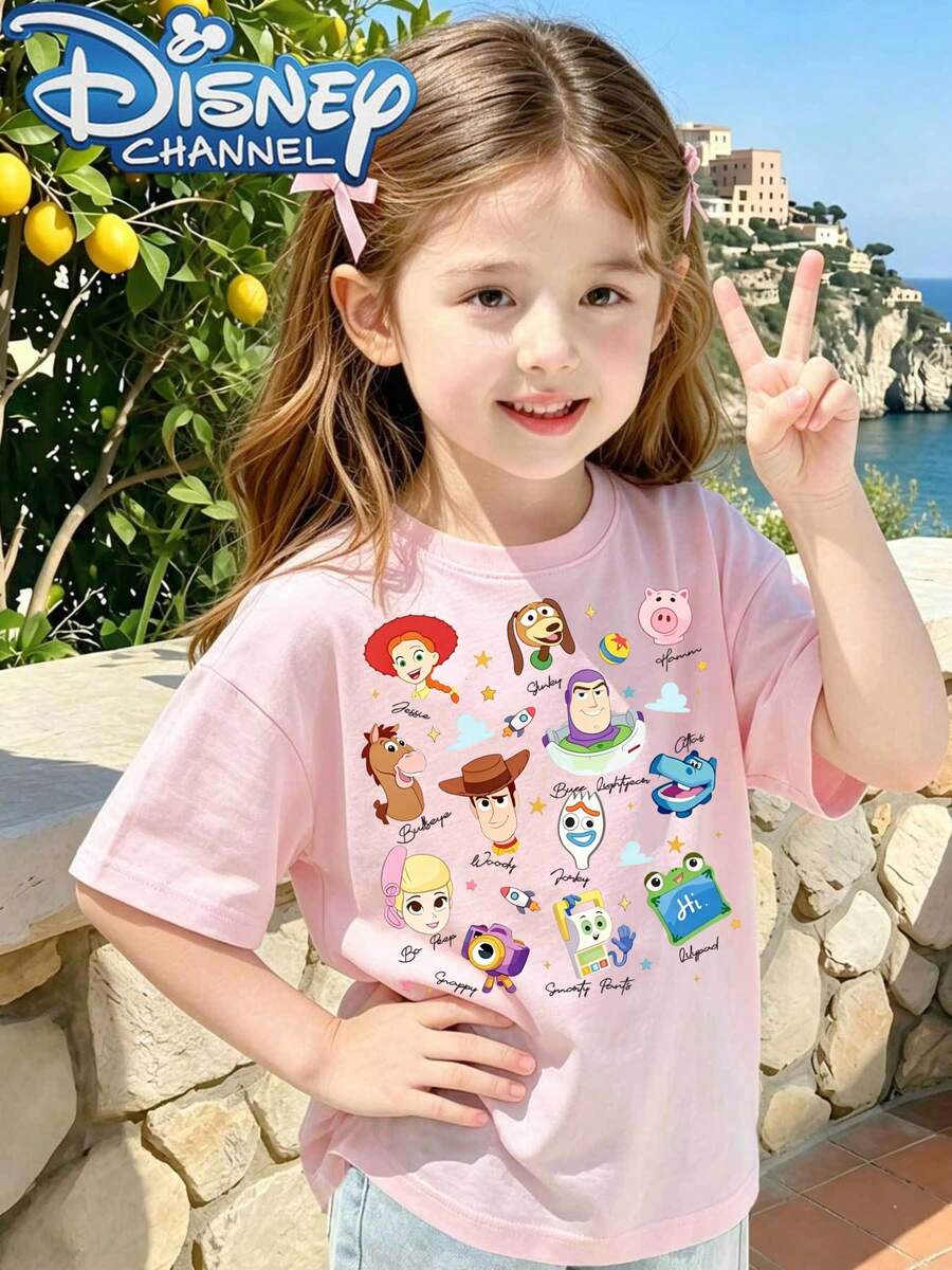A Cute, Fresh, And Stylish Disney Girls' Round Neck T-Shirt With Toy Story Character Prints, 100% Cotton, Is An Ideal Choice For Daily Wear, Holiday Leisure, Outdoor Exploration, School Life, And Shopping Trips. It's Also A Summer Must-Have And A Perfect Disney Gift For Both Girls And Boys. - Hồng - Xem 1