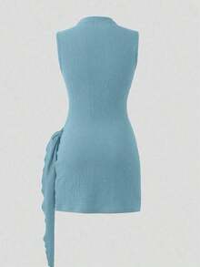 Nuevo vestido elegante y sexy de primavera/verano para citas, de cuello alto, con hebilla metálica, fruncido y sin mangas, de silueta ajustada para mujer - Azul - Ver 2