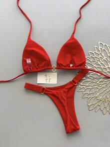女款掛脖綁帶比基尼套裝，高彈性紅色泳衣度假海灘夏季 - 紅色 - 查看 3