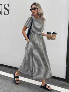 Women's Striped Round Neck Short Sleeve Tie Waist Pocket Casual Mid-Length Dress Women's Summer Dresses Women's Summer Outfits Casual Outfit For Women Dress Women's Summer Co Ord Maxi Dress With Pockets,Summer Dresses For Women - 彩色 - 查看 8