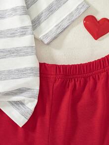 Set de 2 piezas de top de manga raglán con estampado de rayas y pantalones cortos de unicolor, estilo casual para niñas, primavera/verano - Gris Claro - Ver 7