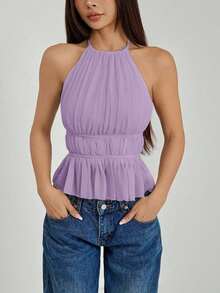 Top de tirantes sin espalda con cuello de halter y cintura anudada plisada para mujer - Morado - Ver 6
