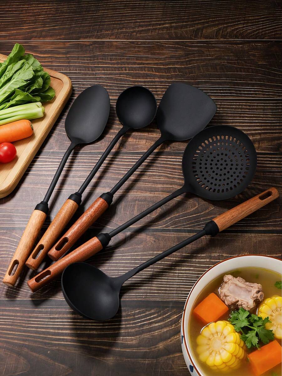 1件木柄重型铁制炊具铲，汤勺，家用炒锅铲，长柄铁铲，烹饪勺 - 彩色 - 查看 1