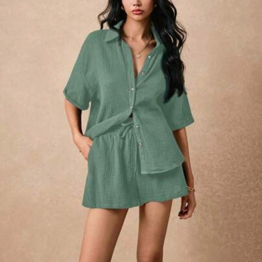 Conjunto De Dos Piezas De Verano Para Mujer, Conjunto De Playa De Dos Piezas, Tela De Texturizado, Raglan Con Puños, Shorts Con Bolsillos Laterales, Adecuado Para Vacaciones, Camisa Suelta Relajada - Verde - Ver 1
