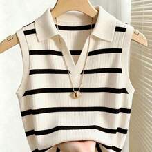 Camiseta de tirantes de punto con cuello y rayas elegante y casual para mujer - Rosa - View 2