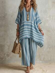 European And American Women's Fashion Stylish V-Neck Loose Striped Casual Two-Piece Suit - Màu xanh lam - Xem 5