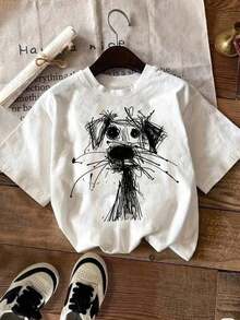 Camiseta de talla grande con estampado peculiar de gato para mujer - Estilo vintage urbano, unisex, de algodón, manga corta, cuello redondo, holgada. - Blanco 2 - Ver 1