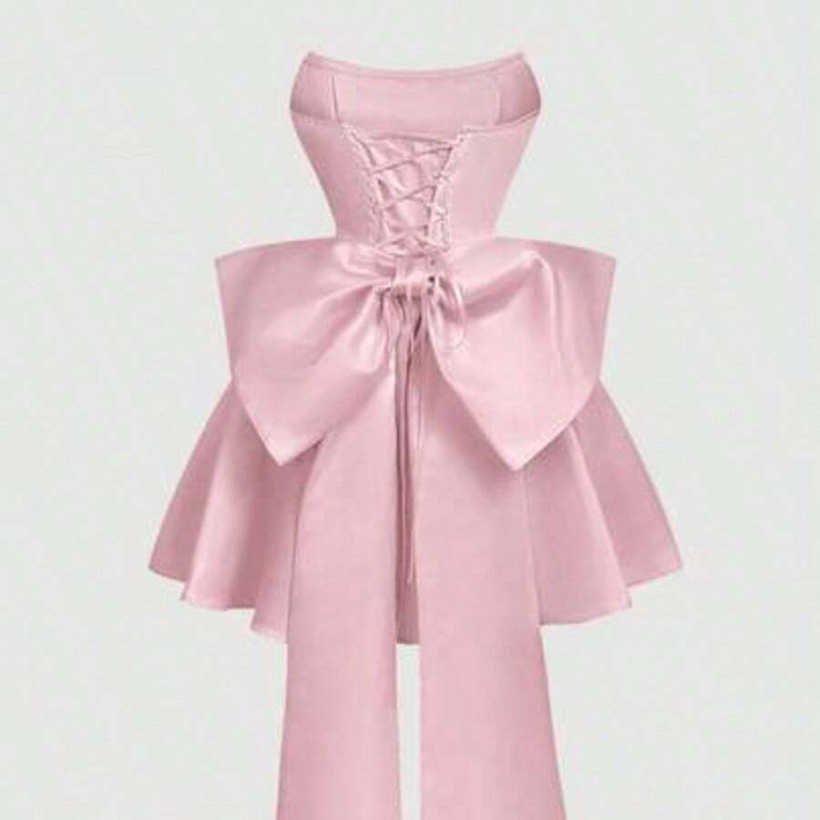 MOD Satin Fitted Bandeau Bow Decor Short Dress, Pink Corset Dress - Rosa - Ver 1