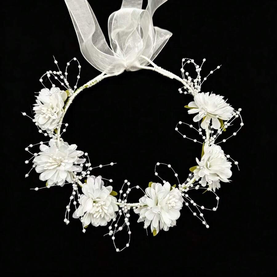 1 pieza Diadema/tocado para mujer, nueva llegada Diadema nupcial con flores blancas de imitación y perlas, estilo de princesa etérea para sesión de fotos y actuaciones