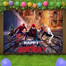 1pcs S Pider-Man Into The S Pider-Verse Happy Birthday Backdrop Banner, Superhero Multiverse Theme Party Decorations For Photo Booth, Miles Morales Gwen Stacy Photography Background, Cake Table Decor, Outdoor Indoor Celebration Wall Banner, Backyard Party Photo Prop Supplies, School Event Poster Decor - 多色-A - 查看 6