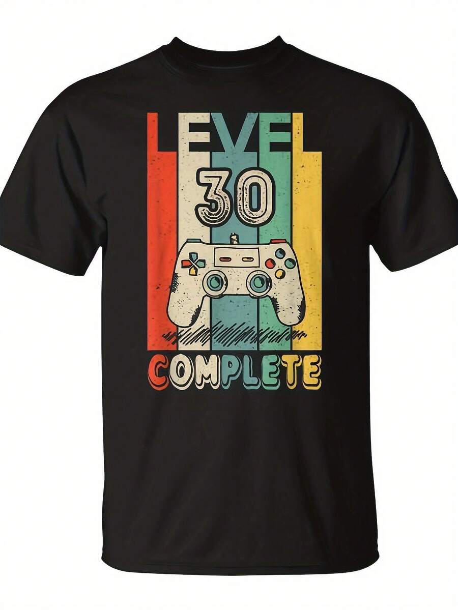 Summer T-Shirt For Video Game Players With Retro Level 30 Design And Controller Graphic - Black, Casual, Comfortable Fit, Round Neck And Short Sleeve - Ideal For Gamer Birthday Parties - Fun Gift Idea For 30 Years - Loose And Comfortable For Summer. - Back - View 1