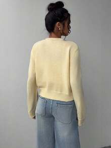 Cárdigan de mujer de manga larga, cuello redondo, suelto y corto, de unicolor, cómodo y acogedor, ideal para el uso diario, en color amarillo mantequilla para otoño/invierno - Amarillo - Ver 2
