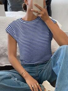 Camiseta casual de mujer con estampado de lunares, verano - Azul y blanco - Ver 4