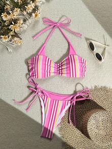 Lucky Girl Women Summer Beach Vacation Colorful Striped Print 2 In 1 Tie-Front Bikini Set - Color - View 2
