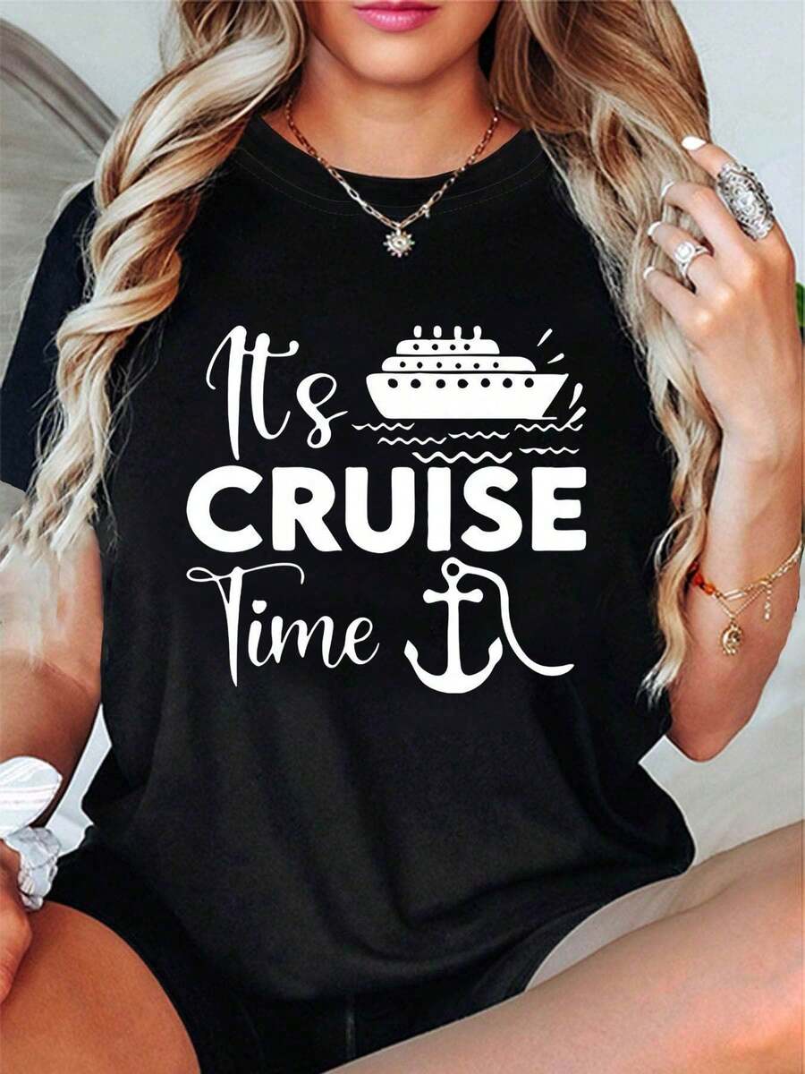 Camiseta para mujer Cruise Time con estampado de letras y elementos náuticos para amantes de los cruceros, manga corta, cuello redondo, top casual para verano y primavera, ropa de mujer - Negro - Ver 1