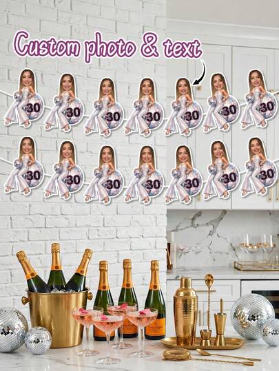 7/14/21pc Custom Photo Birthday Party Banner, Personalized Face Cutout Garland With Disco/Cowgirl Theme, Bachelorette & Milestone Birthday Decor