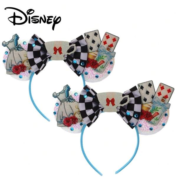 Disney Mickey Mouse Ears Headband, Black & White Patchwork, Rhinestone Tea Cup Decor, High-Quality Photo Prop, Practical Multi-Use, Theme Park/Party Essential, Suitable For Daily Wear/Birthday/Holiday, Costume Accessory, Birthday Party Photo Prop, Dreamy Cute Style Decoration