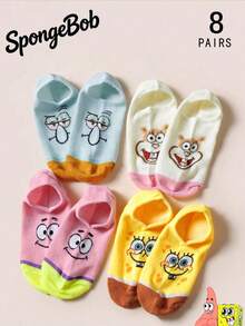 SpongeBob SquarePants 4双可爱卡通图案加固袜头和袜跟，耐穿舒适短袜，男女四季皆宜，适合上学和户外运动，夏季和冬季均有，图案包括章鱼兄弟、螃蟹先生等。 - 彩色 - 查看 7