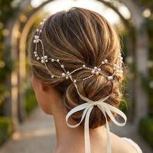 1pc Handmade Faux Pearl & Rhinestone Bridal Headband, Gold Tone Wavy Hair Vine With Ribbon, Elegant Wedding Headpiece For Brides & Bridesmaids,Elegant Faux Pearl Crystal Hair Vine, Bohemian Bridal Headband With Ribbon Tie, Romantic Wedding & Party Hair Accessory For Women,Glam Gold Faux Pearl & Rhinestone Hair Chain, Delicate Wavy Bridal Headband, Adjustable Wedding Hair Accessory For Special Occasions,Festival,Birthday - Gold - View 5