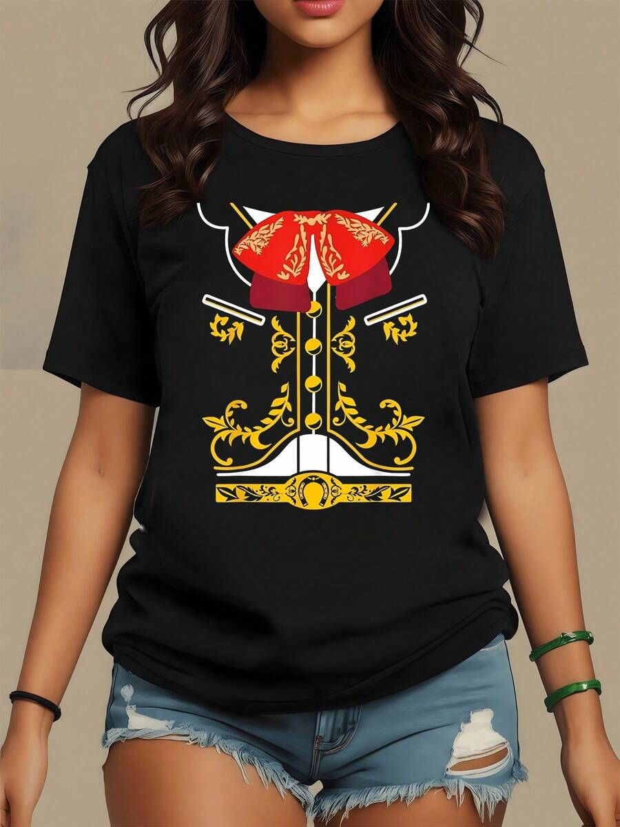 Inspired By Traditional Mexican Elegance With Vibrant Red Ribbons, Gold Buttons, And Embellishments That Symbolize Pride And Cultural Strength, This Women's T-Shirt Is A Modern And Comfortable Casual Style. - 黑色 - 查看 1