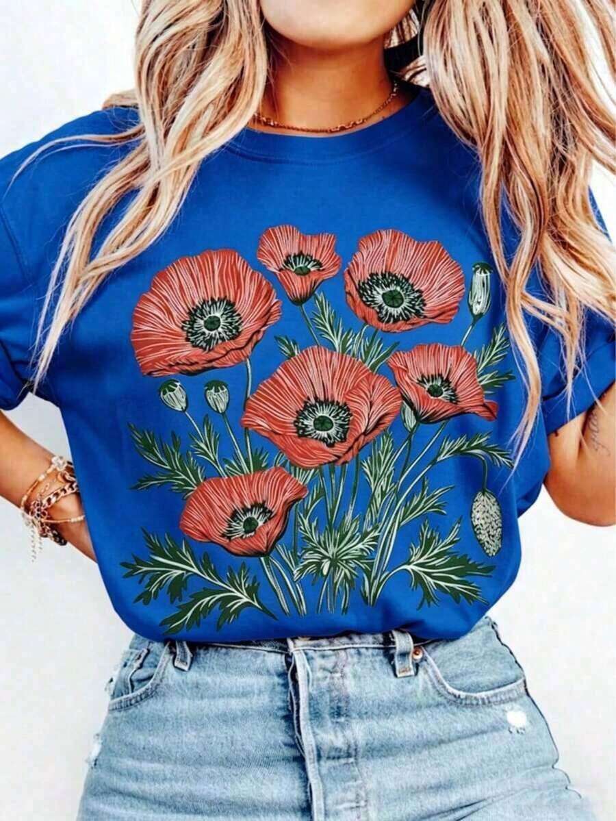 Camiseta con estampado de amapolas, Camiseta con estampado floral, Camiseta vintage boho con amapolas, Camiseta con flores silvestres estilo cottagecore, Regalo de cumpleaños, Camisetas de algodón 100% para mujer, Camisetas estampadas casuales de manga corta con cuello redondo para mujer, 1 pieza de camiseta de moda - Unisex, holgada - Camiseta de algodón cómoda de estilo vintage urbano. - Azul - Ver 1