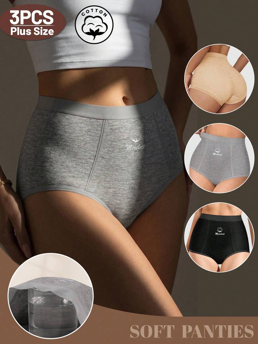 MEIYATING 3pcs Plus Size Women Cotton High Waist Slimming Panties With Symmetrical Line Design, Fashion English Graphic Print Triangle Briefs For Daily Wear
