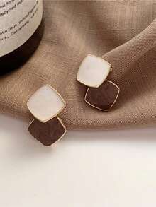 1 Pair Retro Coffee-White Enamel Square Dangle Earrings, Minimalist Geometric Earrings, Versatile Elegant Earrings Suitable For Casual And Work Outfits - Brown + White - View 1