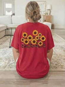 [Double-Sided Print] Women's Casual Spring And Summer Style Crew Neck Short Sleeve T-Shirt With Sunflower Motifs, Bright Sunlight And Vibrant Life. Printed T-Shirt, Breathable And Machine Washable Fabric, Suitable For Comfortable Wear In All Seasons - Casual Retro Style, Unisex, Comfortable Cotton Short-Sleeved Crew Neck T-Shirt. - 紅色 - 查看 3