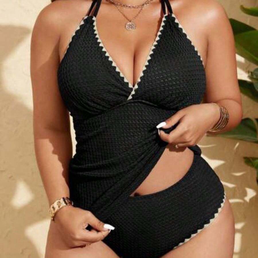 Swim Lushore Plus Size Women's Black V-Neck Adjustable Strap V-Neck Tankini Swimsuit, Fashionable Beach Resort Swimming Attire For Summer - Negro - Ver 1