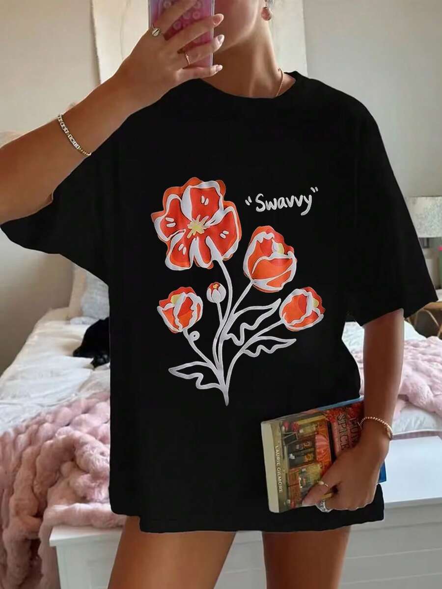 Women's Summer Fashion Short Sleeve T-Shirt Casual Outdoor Fashion T-Shirt 'Letters And Flowers' Print Loose Casual Women's T-Shirt - màu đen - Xem 1
