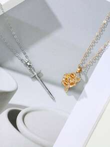 Set de 2 piezas Collar con colgante de rosa gótica y espada para mujeres y hombres, collar con colgante de rosa y espada de dos tonos, collar declarativo, cadena romántica a juego, regalos de pareja para fiesta, boda y cumpleaños - collar - Ver 5