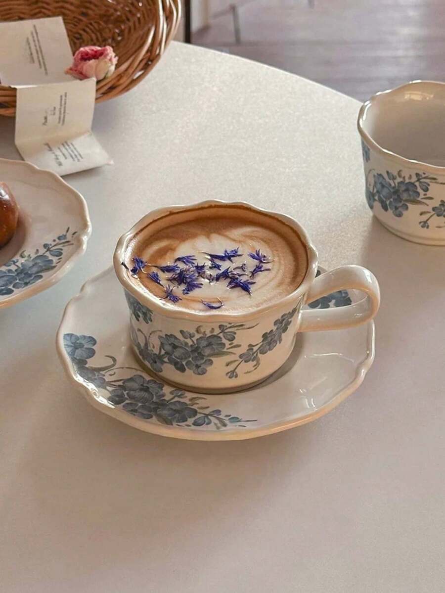 一套优雅复古蓝色马鞭草陶瓷杯碟,高品质下午茶/咖啡杯碟,浪漫拿铁杯碟,茶杯和甜点盘,适合居家、餐厅、聚会、送礼、派对等场合。 - 彩色 - 查看 1
