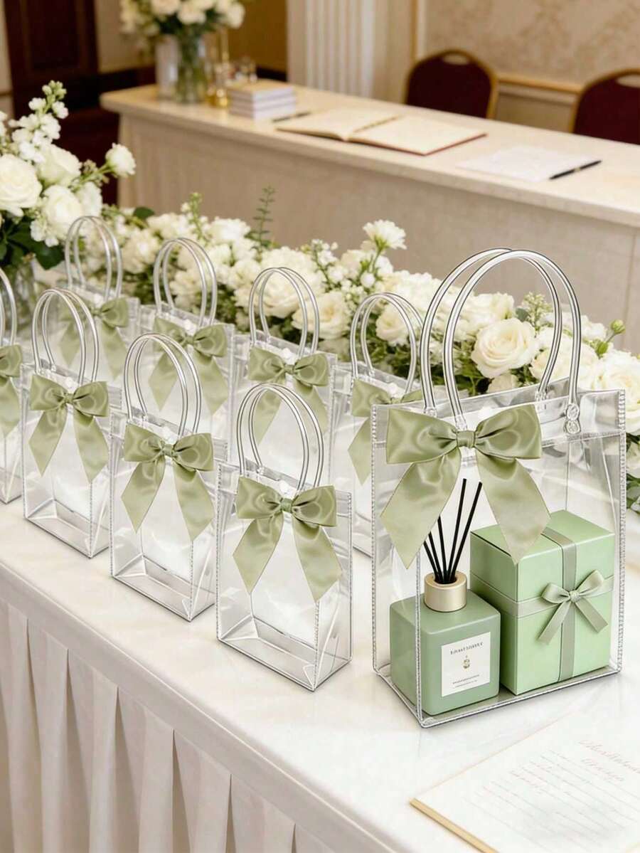 可重複使用透明 PVC 禮品袋，附手柄與蝴蝶結，適用於婚禮、新娘派對、生日派對、聖誕節、性別揭曉、小企業團隊建設、母親節（綠色）