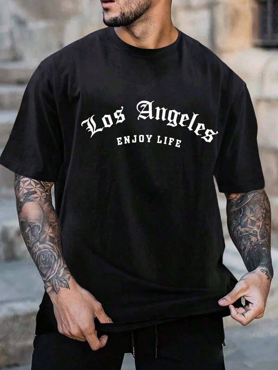 Men's Letter Print T-Shirt - Black - View 1
