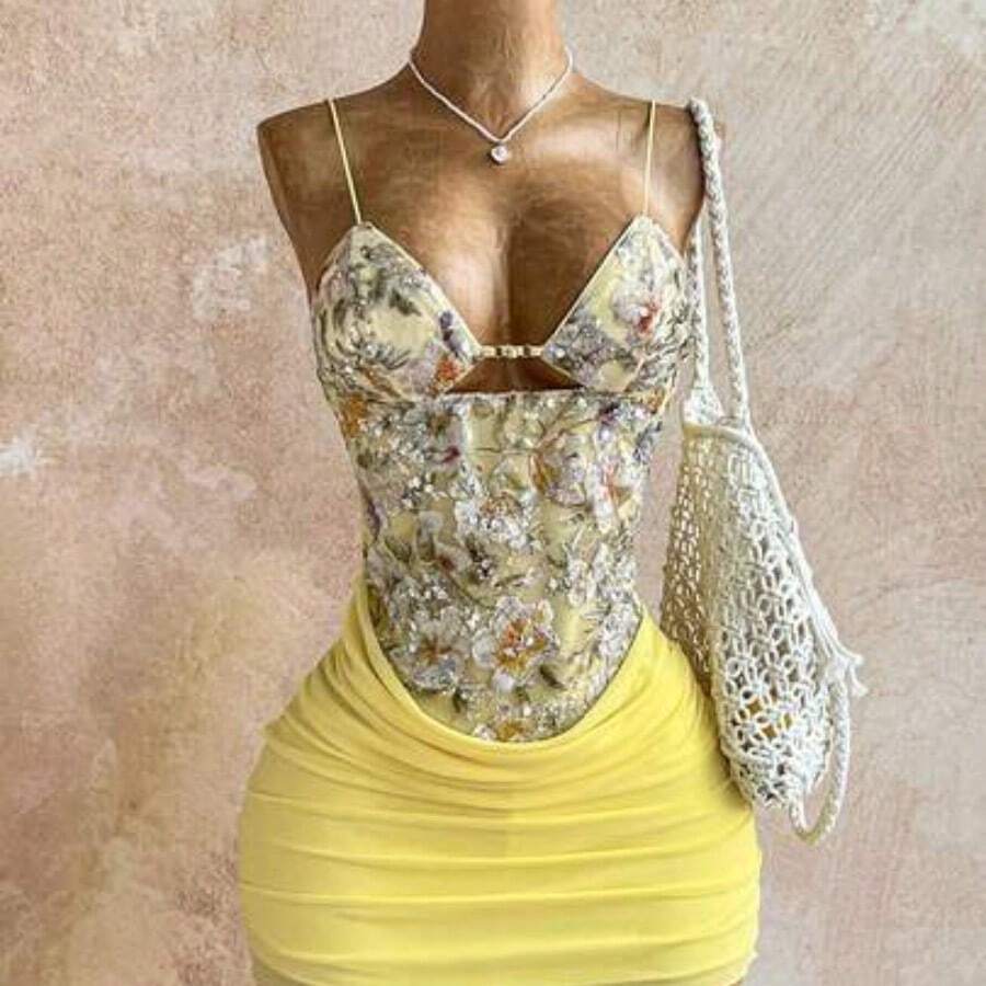 WYWH Women's Vacation Floral Sequin Ruched Bodycon Cami Mini Dress,Pink Dress - Multicolor - Ver 1