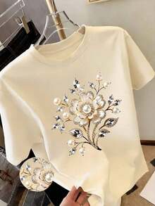 Camiseta de moda para mujer 2026, estampado floral de perlas - Estilo Y2K, elegante, gran regalo, top casual de cuello redondo - Ligero, cómodo, opción ideal para el armario de primavera/verano |   Diseño exquisito |   Suelto y cómodo |   Fácil de combinar | - Caqui - Ver 7