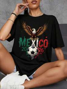 Camiseta con estampado de águila de México 2026, temática del Mundial de Fútbol,​​corte holgado, manga corta, estilo deportivo casual.,Camisetas Gráficas de Verano para Mujer - Negro - Ver 1