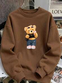 Women's Bear Blogger Style Crew Neck Sweatshirt (No Hood) - Winter - 鏽棕色 - 查看 3