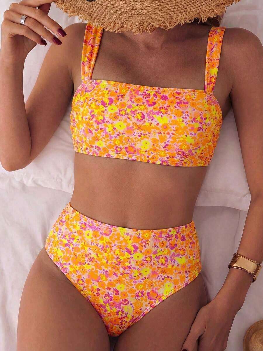 Conjunto de bikini de 2 piezas con parte superior de tirantes con estampado de color aleatorio y shorts de cintura alta para mujer, para vacaciones en la playa - Multicolor 6 - Ver 1
