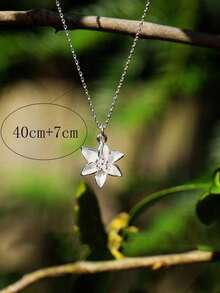 1pc Lily White Flower Delicate Silver Pendant Necklace, Floral Necklace Gift For Birthday, Wedding - White - View 3