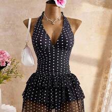 Stylish Halter Neck Polka Dot Swim Dress For Women Black And White Geometric Pattern Sleeveless Tiered Short - Marrón - Ver 5