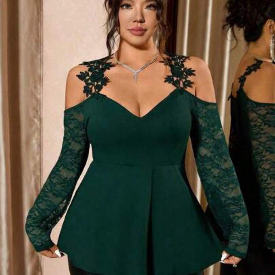 Cravure Plus Size Women's New Black Sleeveless Cold Shoulder T-Shirt, Mesh Lace Sleeve Patchwork, Embroidered Strap, Elegant Black Top, Sexy And Slimming, Fashionable And Refined For Daily Outings, Dates, Gatherings/Parties, Bars, Suitable For Autumn And Spring - Verde Oscuro - Ver 1