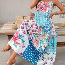 Women Summer Spaghetti Strap Patchwork Floral Geometric Print Casual Holiday Dress Pink Vacation Elegant - Mostaza Amarilla - Ver 2