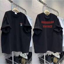 Camiseta moderna con estampado de letras, holgada y versátil, de manga corta, casual y elegante, de alta gama europea y americana, 100% algodón puro. - Negro - Ver 3
