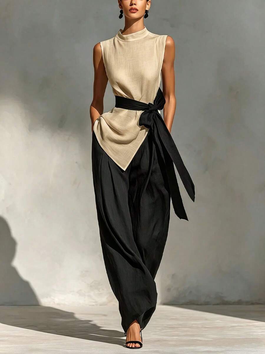 Nuevo 2026 Conjunto Dos Piezas Mujer Color Sólido Top Sin Mangas Tencel Lino con Lazo y Pantalones Pierna Ancha - Caqui - Ver 1