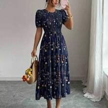 Elenzya Elegant Floral Print Ruched Waist Layered Splice Dress For Women, Suitable For Vacation - Multicolor - Ver 1