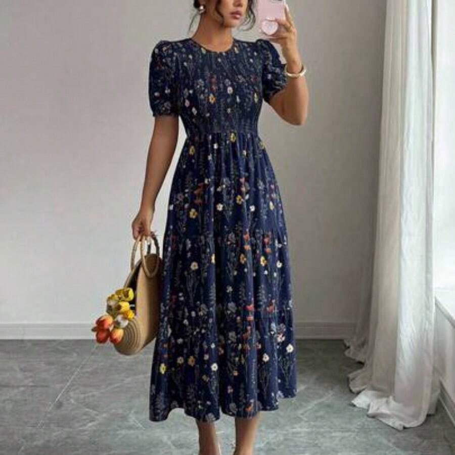 Elenzya Elegant Floral Print Ruched Waist Layered Splice Dress For Women, Suitable For Vacation - Multicolor - Ver 1