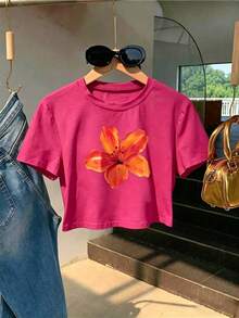 Women's Crop Top Double-Layer Orange-Red Hibiscus Flower Tee, Short Sleeve Round Neck Slim Fit Casual Shirt, Lightweight Stretchy For Beach & Layering - 玫紅色 - 查看 1